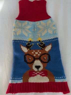 Blue Reindeer Knit Pet Sweater with Red Trim